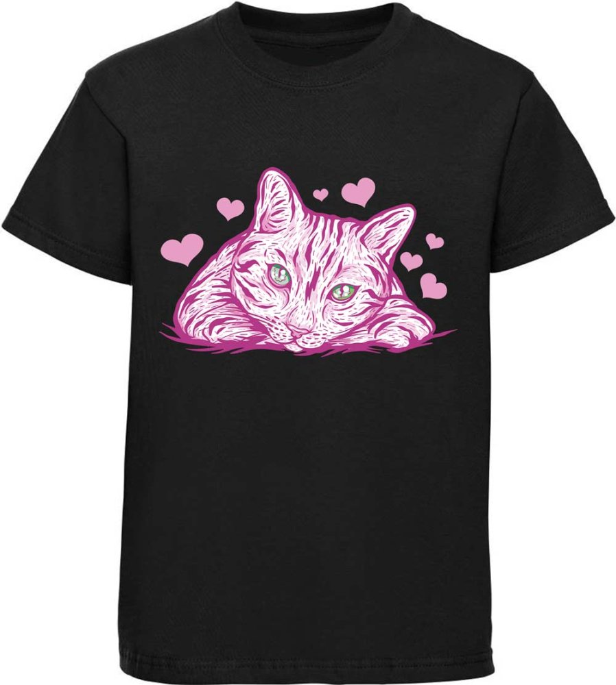 Printed children's T-shirt pink cat with hearts